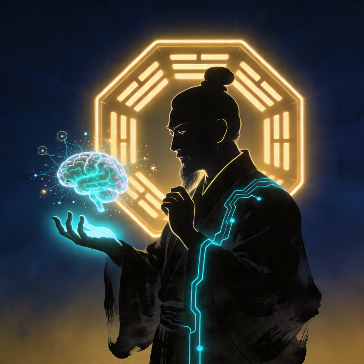TaijiOS brand canon v15 · Kongming silhouette with evolving brain in bagua halo