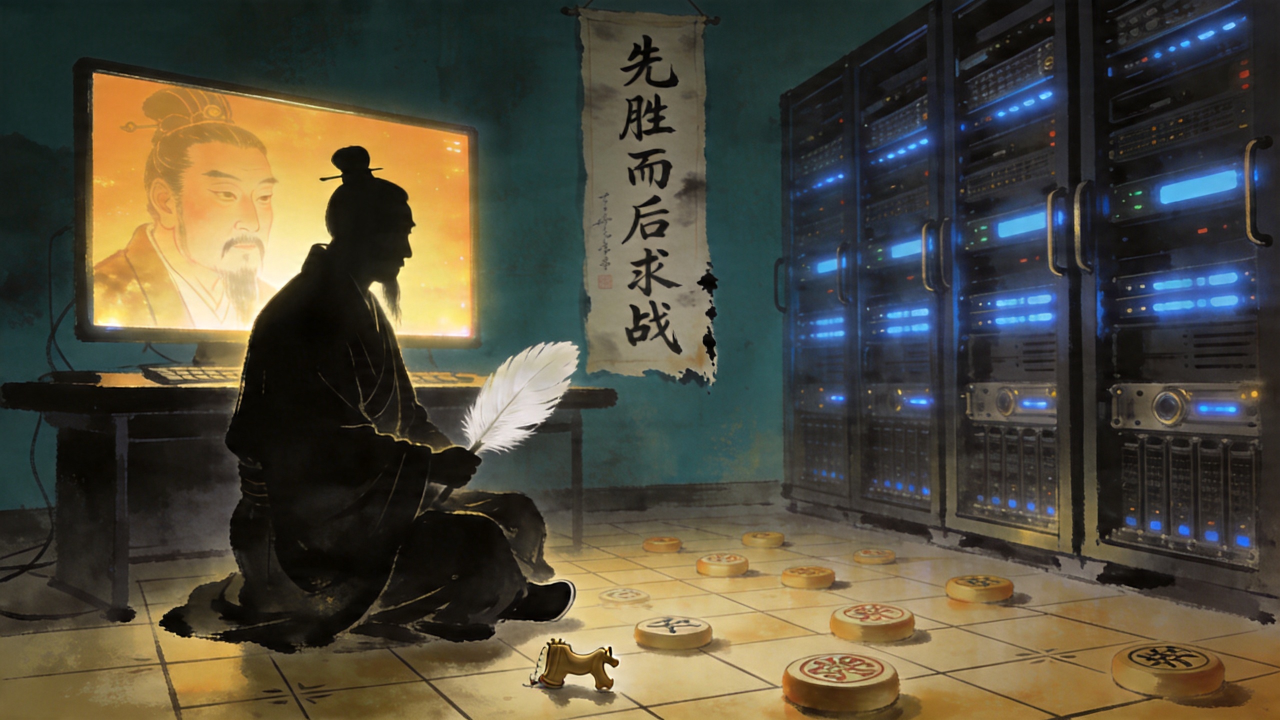 TaijiOS · 诸葛孔明 在 AI 服务器机柜边, 地上散落的象棋子 + 条幅"先胜而后求战"